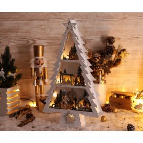 LED karácsonyi fenyő tájképpel fehér, fa, elemes