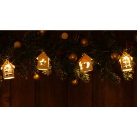 LED karácsonyi lánc, házikó 10LED fehér, fa, elemes
