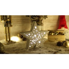 LED karácsonyi csillag, fehér, fa, elemes
