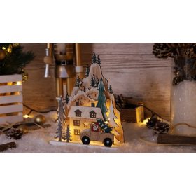 LED karácsonyi tájkép, fa, elemes