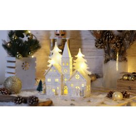 LED karácsonyi templom fenyővel, fehér, fa, elemes