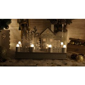 LED karácsonyi házikó kerítéssel, fehér, fa, elemes